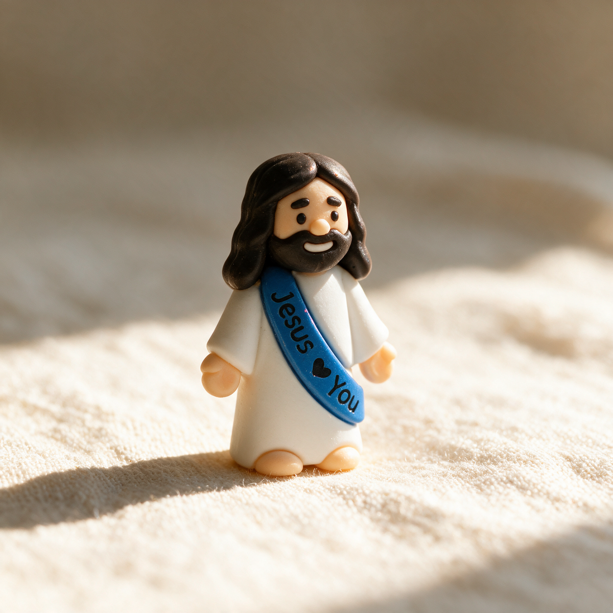 Figurine PetiteLueur Jesus You avec sangle colorée, photo produit réaliste sur fond crème